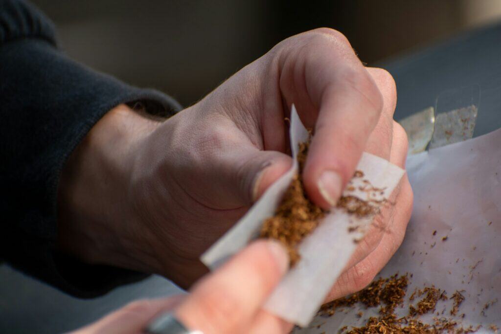 Close-up of hands rolling a joint with Cochino strain cannabis.