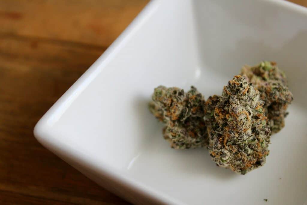 Premium Don Merfos cannabis bud in a white dish, high-quality strain review.