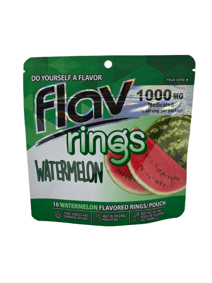 Watermelon flavored Flav Rings pouch with watermelon slices image.