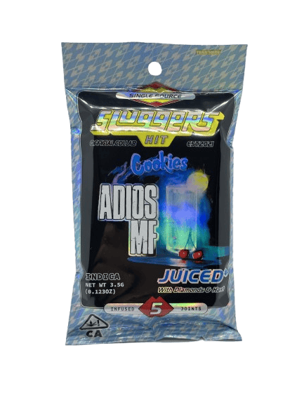 Highvendor Cookies Adios MF Juiced edible with diamond and blue flavor, 5 joints, infused for enhanc.