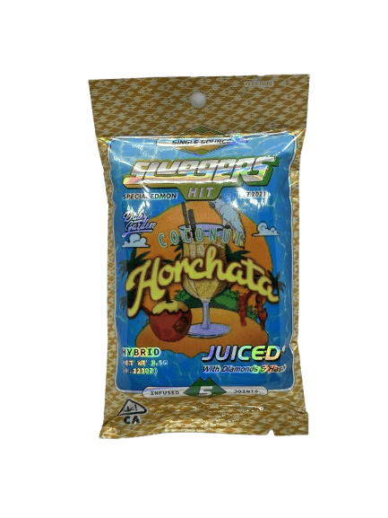 Refreshing coconut horchata beverage in a sealed packet, perfect for summer drinks.